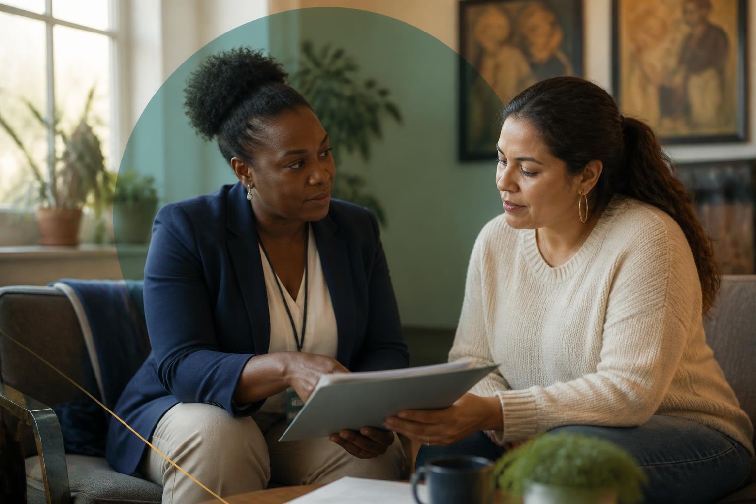 A LIFT HIGHER case manager reviewing resources with a participant