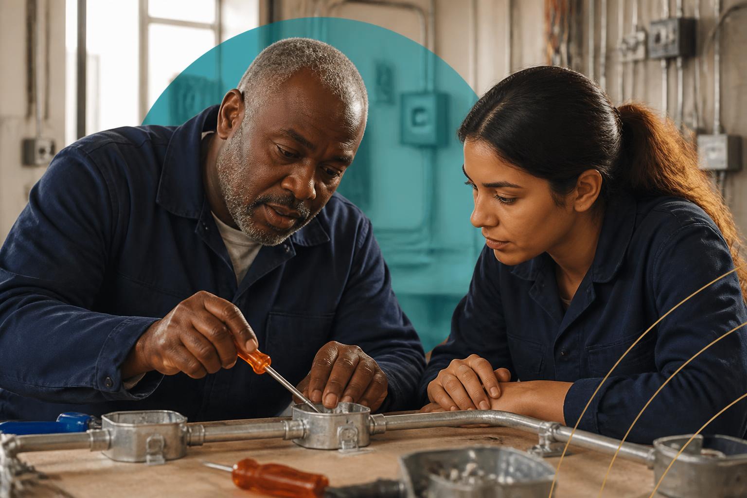 Master electrician mentoring an apprentice